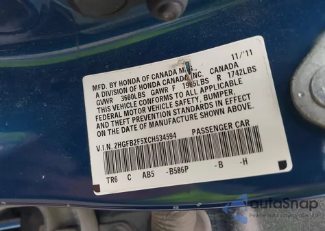 2012 Honda Civic Lx z USA, uszkodzony, nr VIN 2HGFB2F5XCH534594